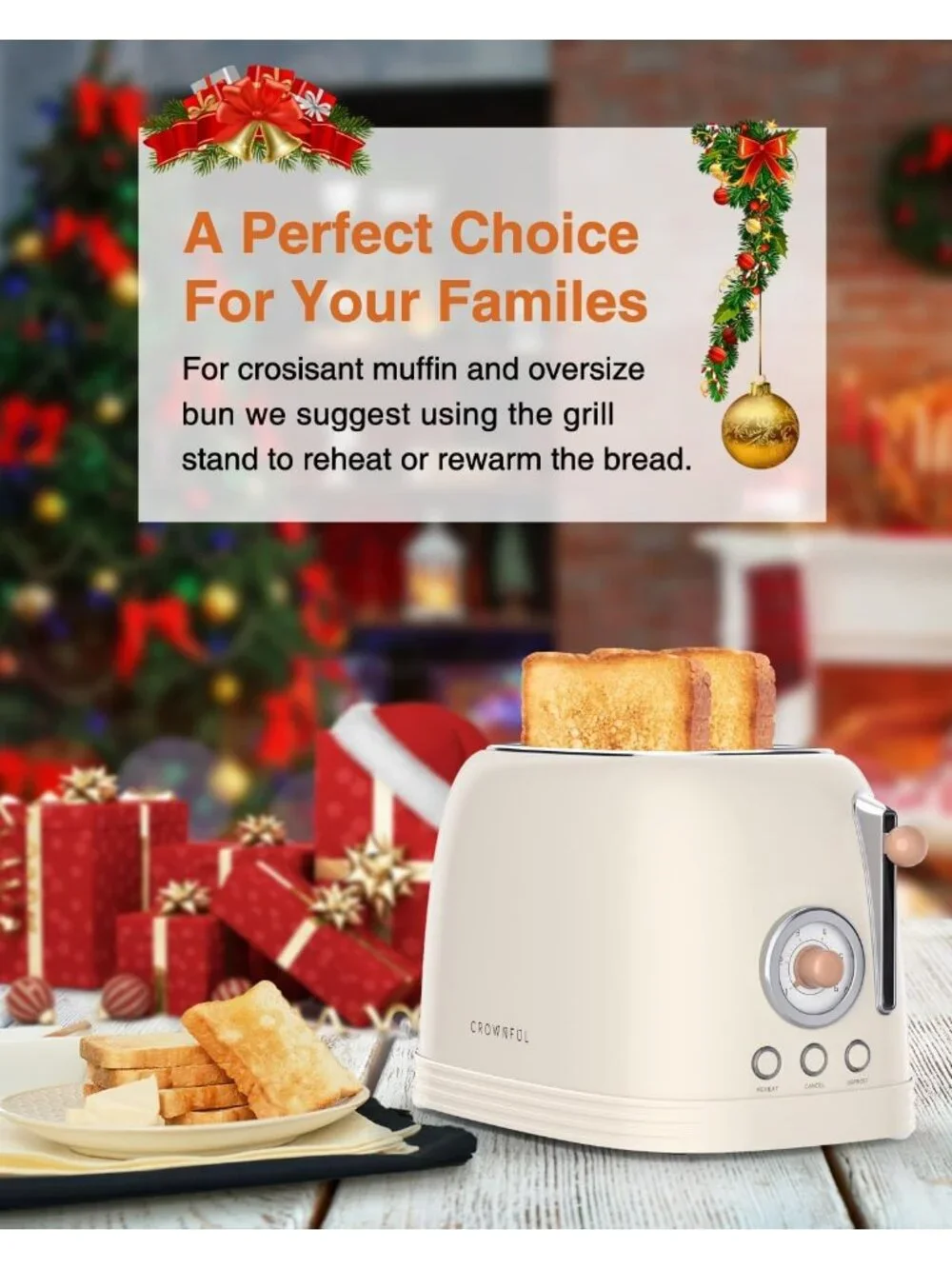 2-Slice Cream Retro Stainless Steel with Bagel Wide Slots Defrost Toaster